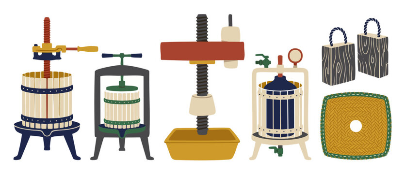 Fruit press and cider making equipment set, manual wine grape crushing tools, wooden wine barrels, press baskets, vintage agricultural winery machines, home brewing juice extraction vector illustratio