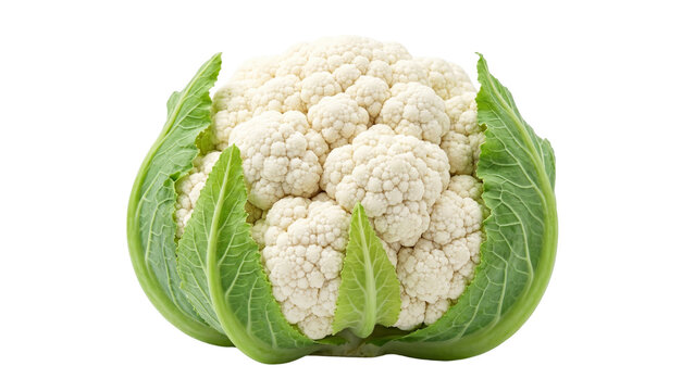 Fresh cauliflower head with green leaves on transparent background