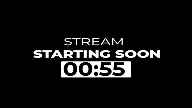 Stream starting soon overly animation with 1 min coundown and looping in black background for twitch streamers.