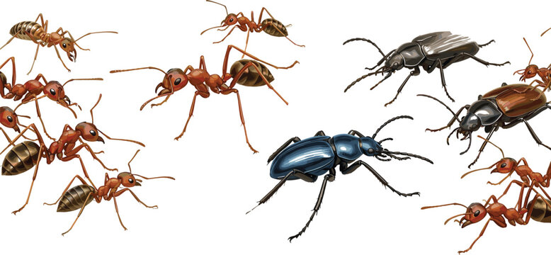 Red ants swarming and attacking larger beetles in a nature battle scene isolated on white background vector.