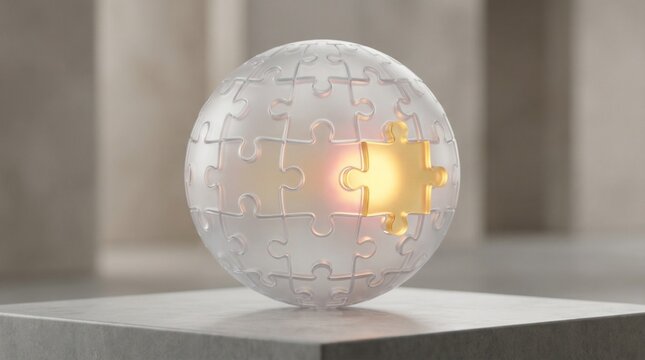 Frosted glass sphere made of puzzle pieces with one glowing golden center piece representing a unique solution or the final step to a complex business problem