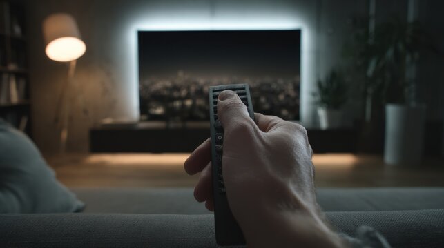 Person Holding Remote Control Watching TV