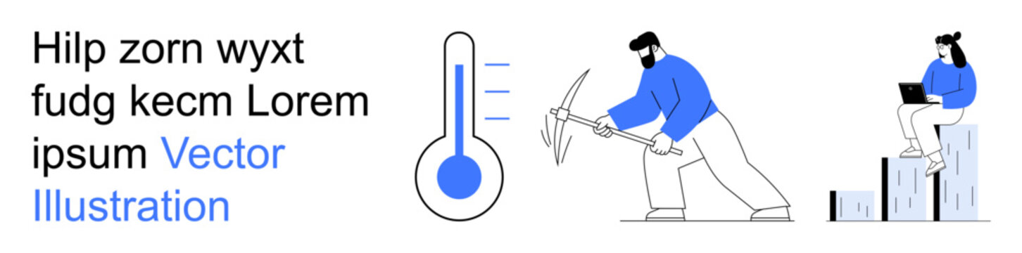 Business strategy, team effort, data visualization, growth analysis, personal development, technology usage. Person analyzing data, another working with pickaxe thermometer icon. Business strategy