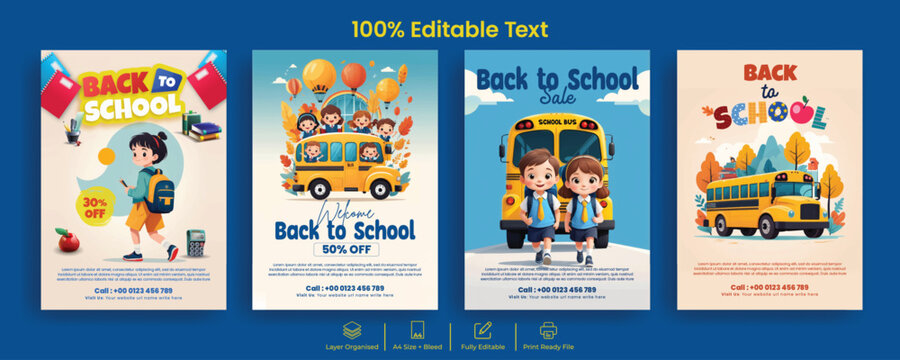 Back to school Educational flyers posters templates collection with yellow school bus characters and primary students for admission, academic posters bundle  vector set
