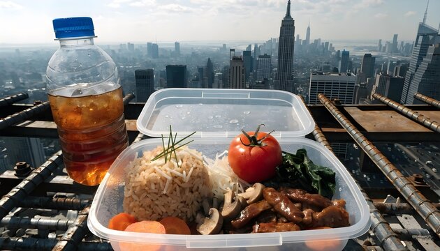 Lunchbox meal on rooftop overlooking city skyline