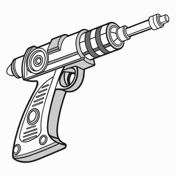 Retro science fiction ray gun blaster vector illustration with sci fi, isometric