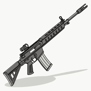 Tactical assault rifle illustration with optical sight and muzzle brake