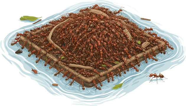 Red fire ants forming a living raft on water to survive a flood isolated on white background vector.