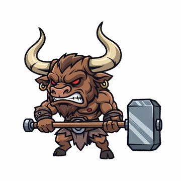 Angry Minotaur Warrior Holding Large Hammer.