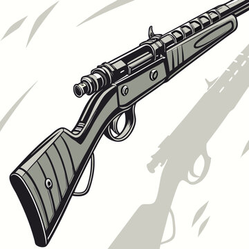 Vintage style illustration of a bolt action hunting rifle with details, shooting
