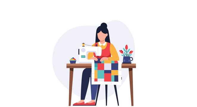 Woman Sewing Colorful Patchwork Quilt on Machine Vector Illustration