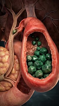 Human gallbladder with painful gallstones, bile duct obstruction, serious digestive system illness, anatomical pathology, medical health concept