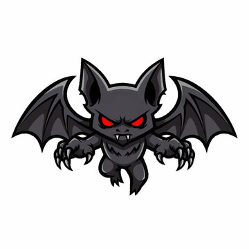 Cute cartoon bat with red eyes and sharp claws flying.