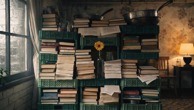 Books stacked on green crates in room