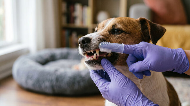 Dog receiving dental care at home with veterinarian's assistance  