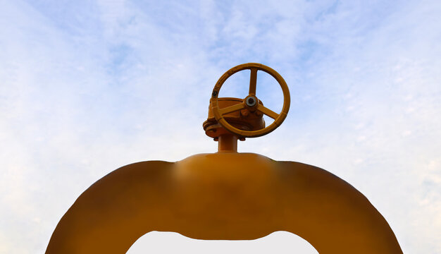 Yellow industrial valves faucet and gas gasoline rusty rust-eaten pipe on clear blue sky background  Gas Line Oil gas extraction, production transportation industrial Yellow Gas Pipe against blue sky