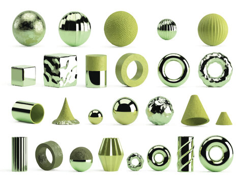 Collection of various green metallic and matte geometric shapes including spheres cubes cylinders cones and rings in different sizes and textures arranged on white background