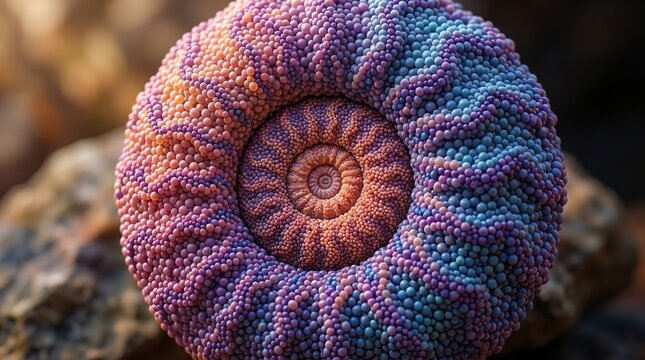 Intricate spiral pattern of a colorful, textured seashell, abstract macro view