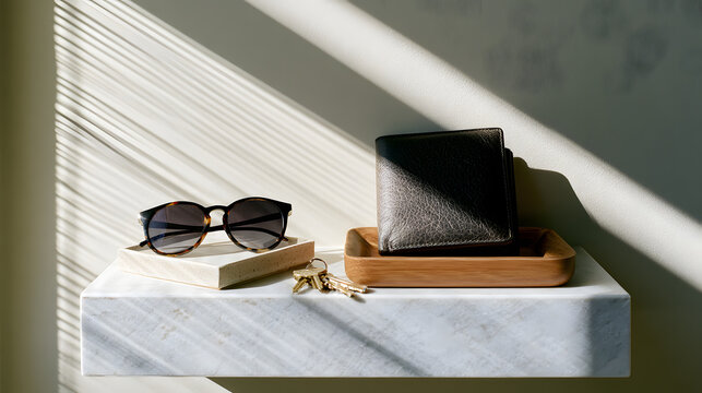 Minimal apartment entryway with shelf displaying items during daylight hours