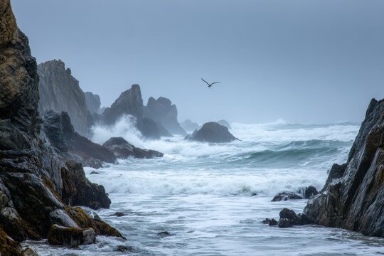 Stormy Coastal Scene with Towering Waves and Wind-Swept Shoreline