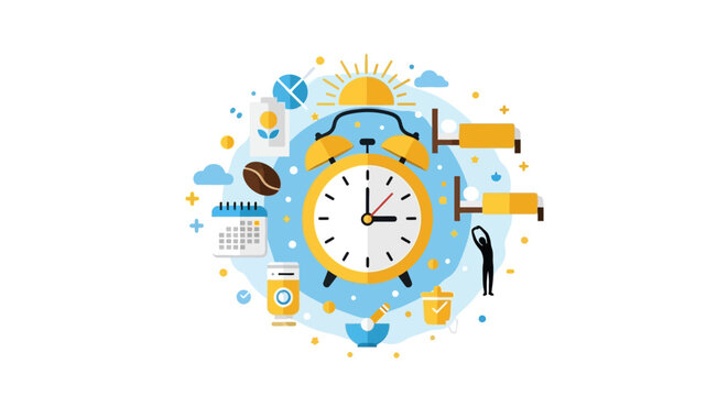 Morning Routine and Time Management Concept Illustration with Alarm Clock, Calendar, and Daily Activity Icons
