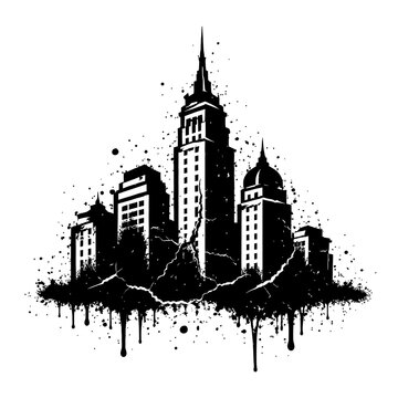 Black and white cityscape with skyscrapers and paint splatters on white background, urban landscape illustration