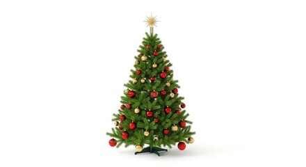 Fototapeta premium A classic green spruce Christmas tree stands elegantly decorated with red and gold ornaments, topped with a star, isolated on white background, evergreen, gift, wood