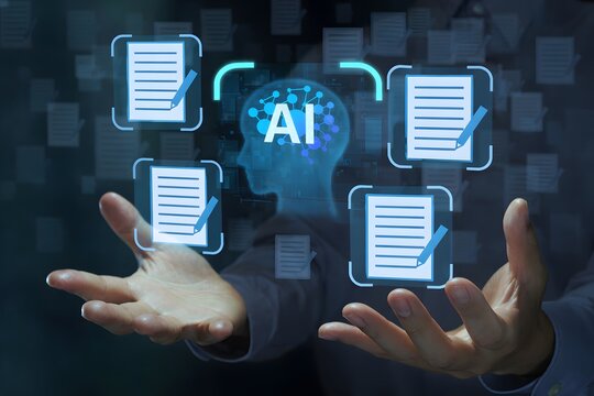AI-powered document generation. Automatic summarization. Generative AI for proofreading and editing. Businessperson holding an artificial intelligence icon.