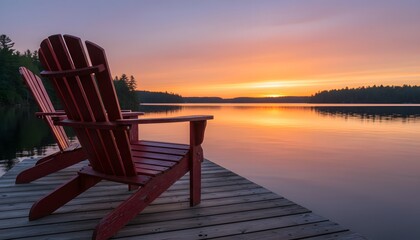 Two red muskoka chairs on a wooden pier overlooking a calm lake during a vibrant sunset for a peaceful Canada Day celebration and cottage lifestyle concept © antuanetto