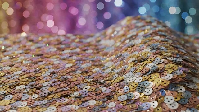 Closeup of shimmering smiley face sequins with bokeh background.