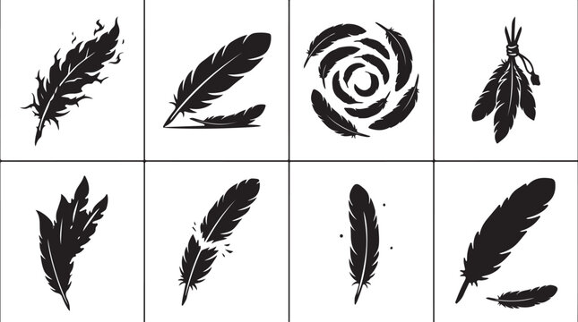Black feather icons, feather set, vector feathers, 8 feather graphics