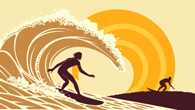 Surfer rides wave towards sunset with another surfer on shore