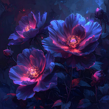 Magical glowing purple and blue flowers with neon light