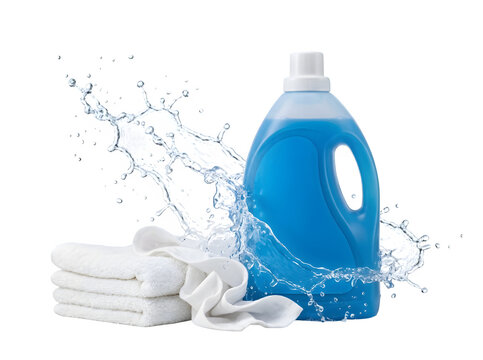 Blue laundry detergent bottle with white towels and water splash isolated on transparent background