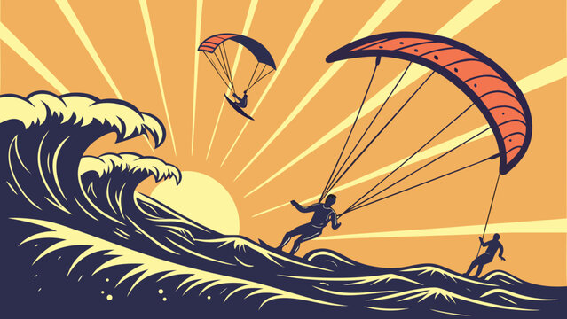 People parasailing on waves at sunset with parachutes flying high