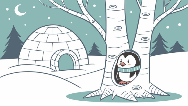 A penguin hides behind a birch tree near an igloo in a snowy forest at night.
