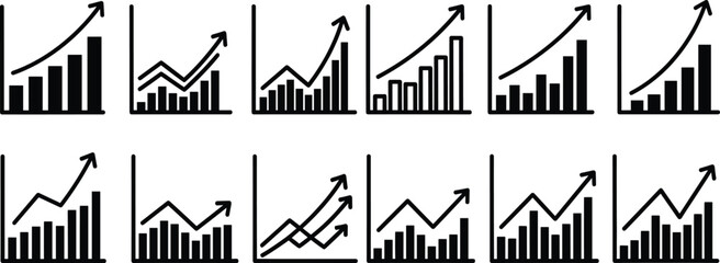 Obraz premium Business growth bar chart icons collection, financial analytics graphs with upward arrows, revenue increase and profit trend symbols for corporate reports, Vector illustration