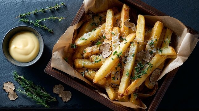 Gourmet truffle fries served with creamy aioli and fresh herbs in a rustic wooden box