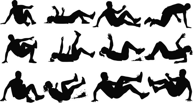Silhouette set of male and female runners falling and slipping on the ground, accidental trip and stumbling during fitness exercise vector graphic.