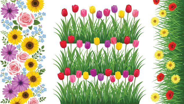 Set of seamless floral borders and garden grass patterns featuring vibrant tulips sunflowers roses and poppies in a bright flat vector style isolated on white background for spring design.