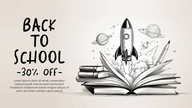 Artistic back to school promotional banner with rocket launching from open book and planets for education sale event featuring thirty percent discount offer with text space for academic learning