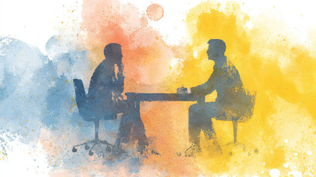 Watercolor illustration of two business professionals in silhouette meeting at a table with colorful background