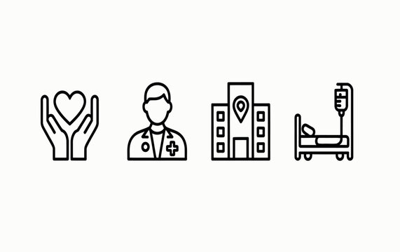 medical care hospital icon outline vector collection with patient treatment symbols, medic aid cross signs and healthcare line illustrations for web interface and application use