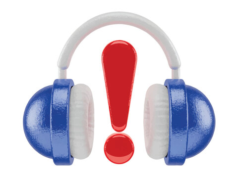 Headphones with exclamation mark symbol and white ear cushions and blue outer shell isolated on transparent background