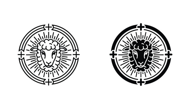 Elegant sheep head portrait inside circular religious emblem with sunburst vector illustration design