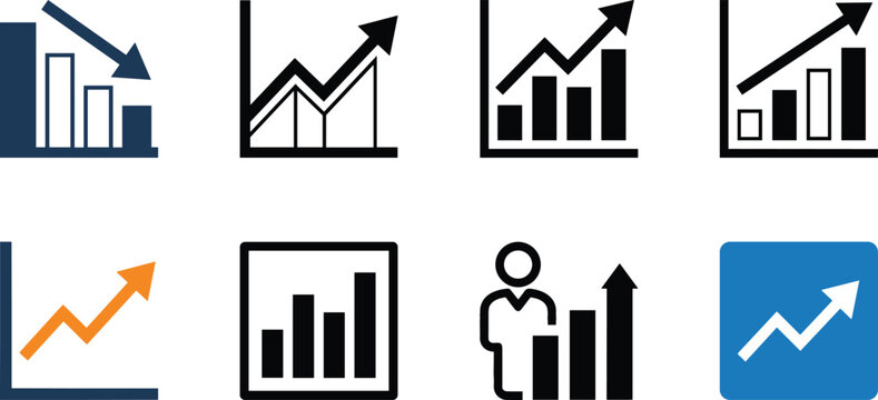 Set of flat vector business bar chart icons with upward and downward growth arrows representing financial success and market trends isolated on white background.