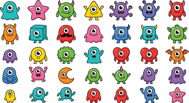 Large collection of cute cartoon monster characters and funny alien stickers with one eye in various colorful shapes isolated on white background for kids design projects.