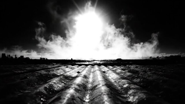 Dramatic black and white landscape perspective of corrugated roof leading towards a bright sky with ominous clouds