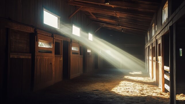 Interior of a horse stable with sunlight beams