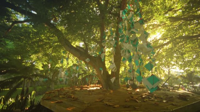 Bright festive decor, Celebratory installation of paper banners and melodic chains in serene outdoor environment